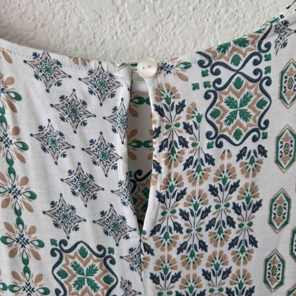 LOFT US Womens XL Green White Printed Blouse Long Sleeve Round Neck Keyhold Back - Picture 5 of 10